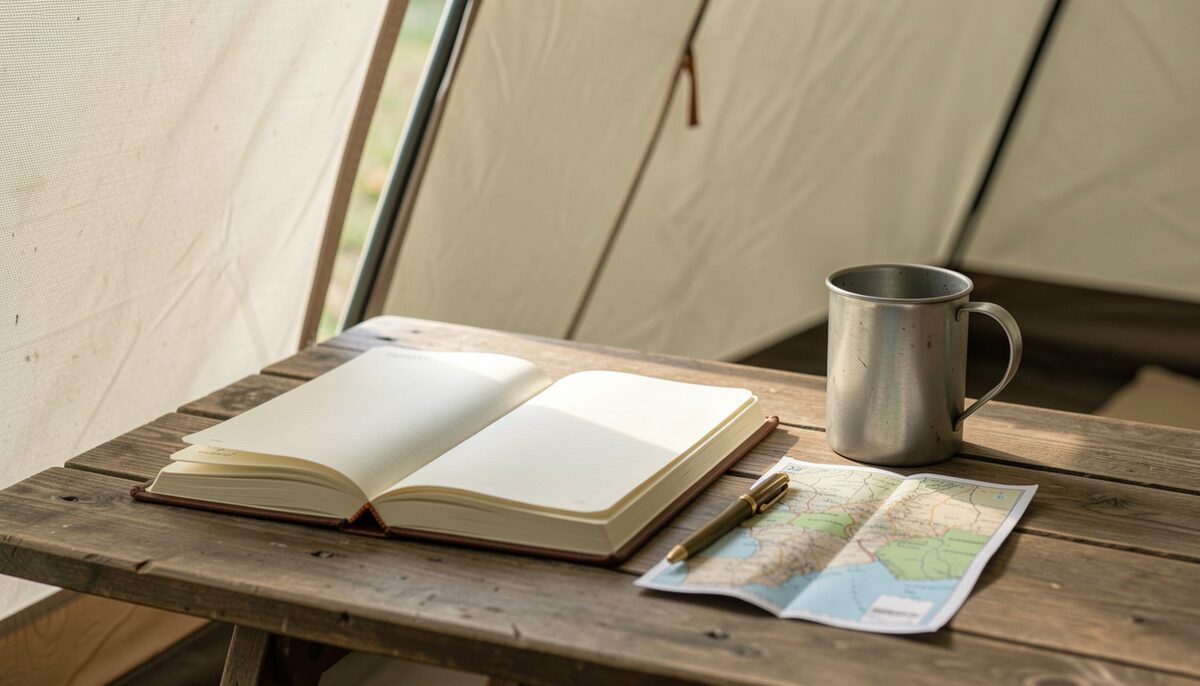 An open lined camp notebook on a weathered wooden table beside a brass pen, a folded map and a tin mug in morning light