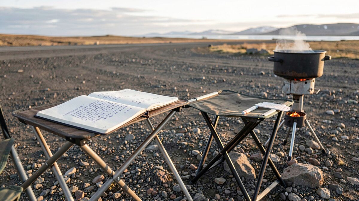 A folding table beside a camp stove on gravel near a tundra landing strip, a paper notebook open to a hand-written list, morning light, wide shot.