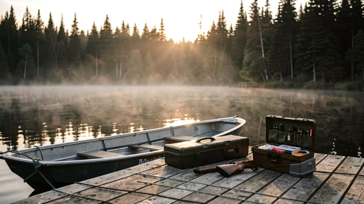 A wooden dock on a northern lake at first light, an aluminum boat tied off, mist on the water, a rifle case and a tackle box on the planks, low sun behind black spruce.